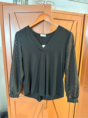 Black V-Neck Blouse with Sheer Lace Sleeves Petite Assembly